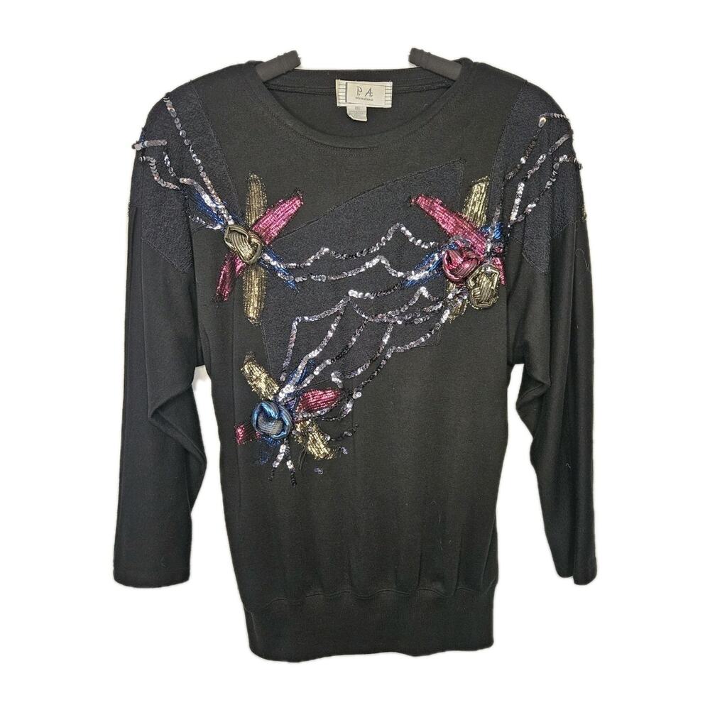 Vintage 80s P.A. International Sequin Floral Sweatshirt Ugly Sweater Small